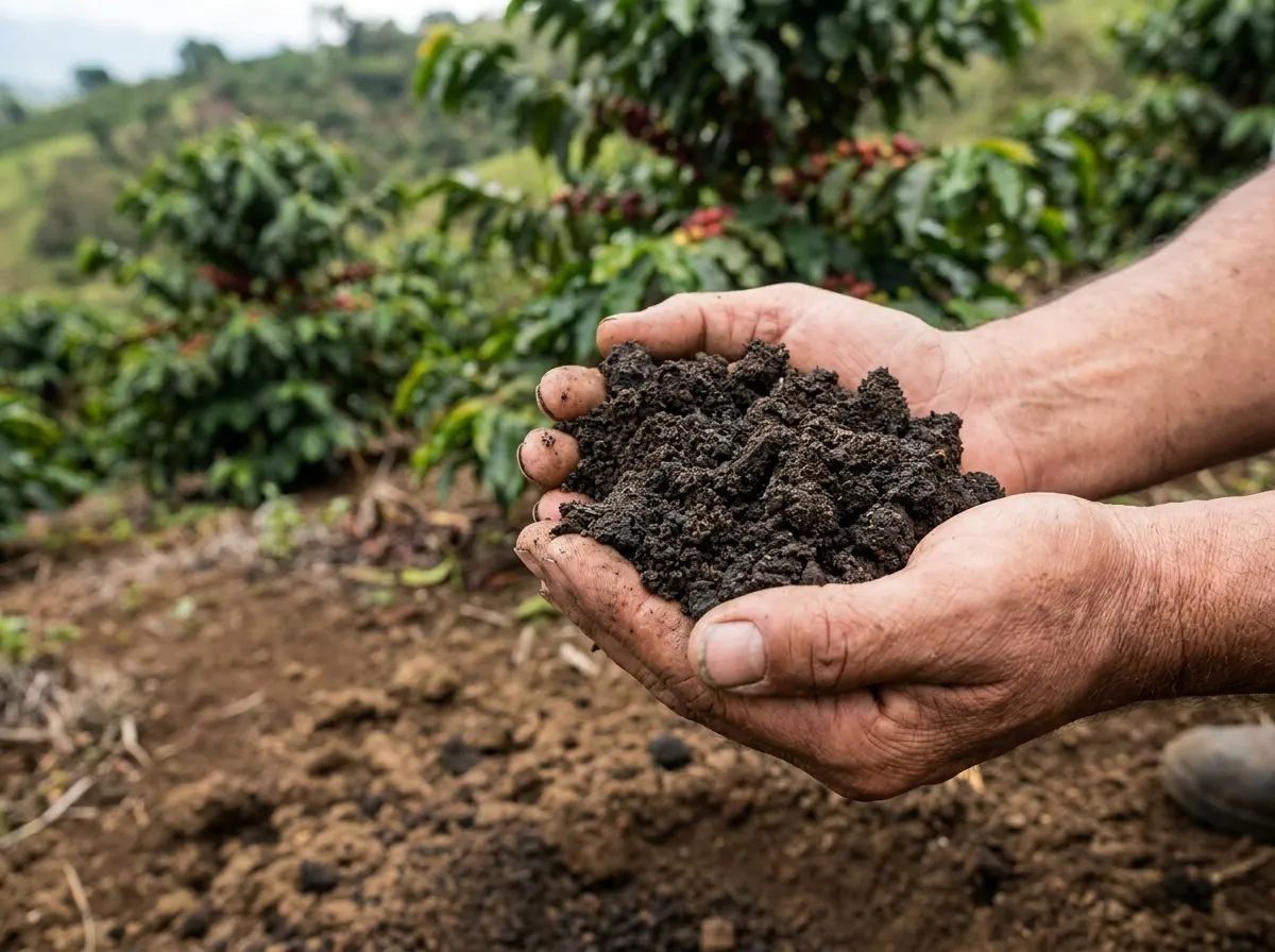 Young coffee plant in hands